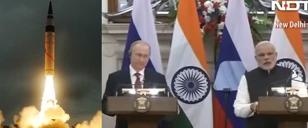 ▲ (사진 왼쪽) '아그니-5' 인도의 대륙간 탄도미사일, (사진 오른쪽) 기자회견을 가지고 있는 블라디미르 푸틴 러시아 대통령, 나렌드라 모디 인도 총리.ⓒ인도 'IBN뉴스' 관련보도 화면캡쳐-인도 국방부, 인도 'NDTV' 중계영상 캡쳐