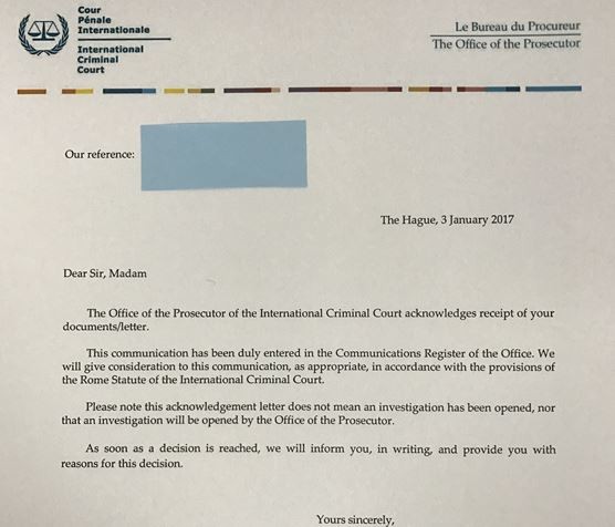 ▲ 한국의 탈북자 인권단체가 제출한 '북한 인권침해 가해자' 10인의 증언기록을 수령했다는 국제형사재판소(ICC)의 확인 메일. ⓒ 인지연 대표 제공