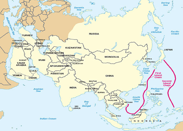 中공산당과 중공군이 세운 '도련선' 전략. 지도에 없는 '제3도련선'은 서태평양 전체다. ⓒ자주국방네트워크 관련화면 캡쳐