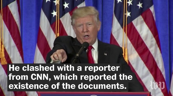 ▲ 도널드 트럼프 美대통령 당선인이 러시아의 美대선개입을 처음으로 인정했다. 하지만 블라디미르 푸틴 러시아 대통령에 대한 긍정적인 입장은 고수했다. 사진은 11일(현지시간) 미국 뉴욕 트럼프 타워에서 당선 후 첫 기자회견을 가지고 있는 트럼프.ⓒ美'워싱턴포스트(WP)' 중계영상 캡쳐