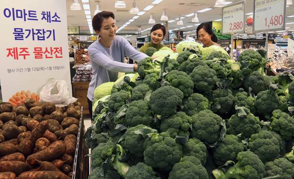 ▲ 12일 오전 서울 한강로 이마트 용산점에서 '제주 물산전'이 열린 가운데 주부들이 채소를 고르고 있다. ⓒ이마트