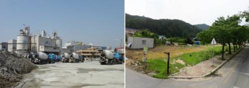 ▲ 441억3000만원에 낙찰된 경기 안양시 동안구 호계동 레미콘공장(왼쪽)과 응찰자 65명이 몰린 전북 완주군 소양면 황운리 전(오른쪽) 모습. ⓒ 지지옥션