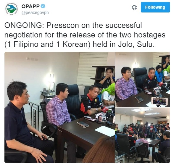 '아부 사야프'에 납치된 화물선 '동방자이언트'호의 한국인 선장 A씨가 14일 무사히 석방됐다. 사진은 이번 석방 관련 필리핀 대통령 평화협상 자문관실 트위터 일부.ⓒ'OPAPP' 공식 트위터 캡쳐