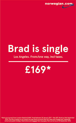 ▲ 노르웨이 항공은 브래드 핏-안젤리나 졸리의 이혼 소식 때 LA행 비행기 '편도' 티켓 할인행사를 알리는 신문광고를 냈다. 브래드 핏이 다시 독신이 됐으니 가서 유혹해보라는 것. 2016년 유로베스트 인쇄출판 부문 그랑프리 수상작. ⓒ칸 라이언즈 한국사무국 제공