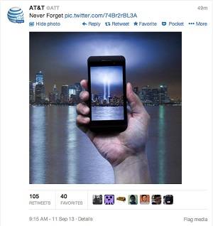 ▲ 미국의 AT&T는 9/11 테러로 사라진 자리에 세워진 추모의 불빛을 이용해 자사를 홍보하려 했다가 '결코 잊을 수 없는' 비난과 수모를 감당해야 했다.
