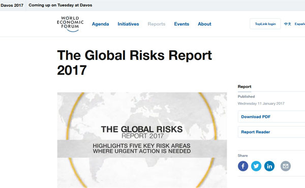 ▲ 스위스 다보스에서 열리는 '세계경제포럼(WEF)'이 지난 11일(현지시간) 공개한 '2017 세계위험보고서' 영상. ⓒ다보스 포럼 홈페이지 캡쳐