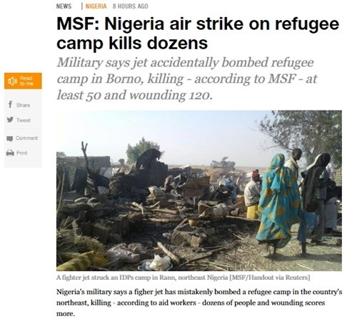 나이지리아 공군이 테러조직 '보코하람'을 겨냥해 군사작전을 수행하던 중 폭탄을 난민캠프에 잘못 투하해 심각한 인명피해가 발생했다. 사진은 카타르 '알자지라' 방송 영문판 홈페이지에 게재된 관련 기사 일부.ⓒ'알자지라' 방송 영문판 홈페이지 캡쳐