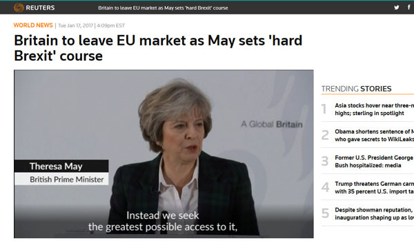▲ 로이터 통신 英주요 언론들은 17일(현지시간) 테레사 메이 총리의 '하드 브렉시트' 선언을 주요기사로 보도했다. ⓒ英로이터 통신 관련보도 화면캡쳐