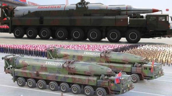 북한군이 과거 열병식에서 공개한 KN-08(위)과 KN-14(아래)의 모습. ⓒ조갑제닷컴 관련보도 화면캡쳐