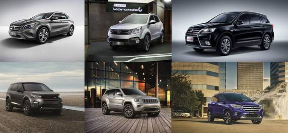 ▲ 왼쪽 상단부터 시계방향으로 벤츠 GLA200d, 쌍용차 5세대 뉴 스타일 코란도C, 북기은상 켄보 600, 포드 2017 뉴 쿠가, 지프 2017 그랜드 체로키 리미티드 3.6, 랜드로버 디스커버리 스포츠 TD4 SE.ⓒ각 사