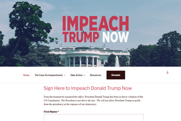 ▲ 트럼프 취임일에 맞춰 시민단체가 개설한 '트럼프 즉각 탄핵' 사이트. 기금모금이 가장 눈에 띤다. ⓒ'트럼프 즉각탄핵' 사이트 화면캡쳐