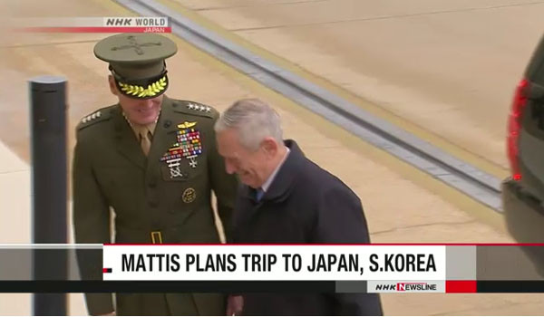 NHK 등 日언론들은 25일 "제임스 매티스 美국방장관이 이르면 2월 중 한국과 일본을 방문할 예정"이라고 보도했다. ⓒ日NHK 월드 관련보도 화면캡쳐
