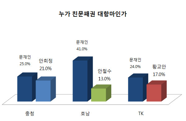 ▲ 3일 발표된 한국갤럽 여론조사에서 더불어민주당 문재인 전 대표가 전 권역에서 지지율 1위를 기록한 가운데, 충청권에서는 안희정 충남도지사, 호남권에서는 국민의당 안철수 전 대표, TK에서는 황교안 대통령권한대행이 문재인 대항마로 두각을 나타내고 있는 것으로 드러났다. ⓒ뉴데일리 그래픽DB