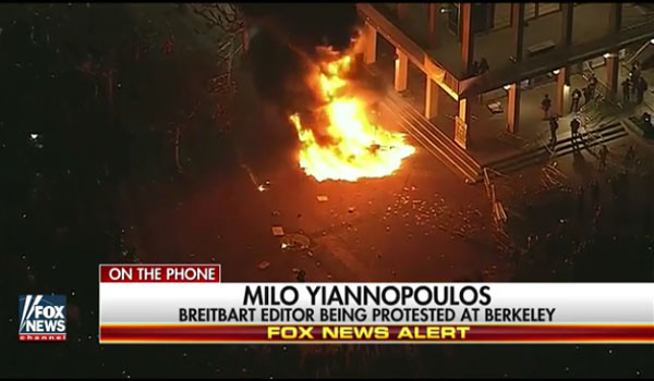 ▲ 지난 1일 오후 7시(현지시간) U.C버클리大에서 일어난 폭동 현장. ⓒ美폭스뉴스 속보화면 캡쳐