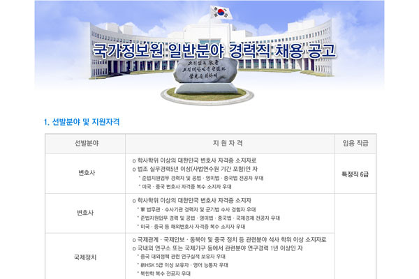 ▲ 국가정보원이 지난 6일부터 시작한 '2017년 일반분야 경력직 채용 공고'. 채용분야가 다양해 언론들의 주목을 끌고 있다. ⓒ국정원 채용 홈페이지 화면캡쳐