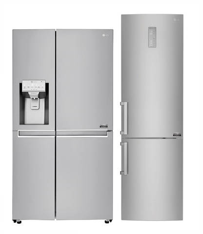 ▲ 센텀 시스템을 적용해 에너지 효율이 높으면서 소음은 낮춘 양문형 냉장고(좌), 상냉장∙하냉동 타입 냉장고(우) 모습. ⓒLGE