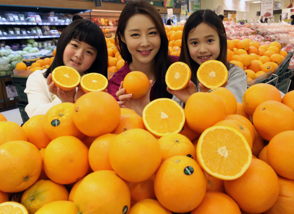 14일 오전 서울 한강로 이마트 용산점에서 모델들이 제철맞은 오렌지를 선보이고 있다. ⓒ이마트
