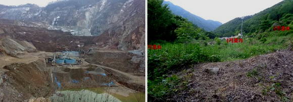 ▲ 3번 유찰 끝에 4번째 법원경매서 259억원에 낙찰된 채석장(왼쪽)과 응찰자 154명이 몰린 전북 진안군 정천면 봉학리 소재 답(오른쪽) 모습. ⓒ 지지옥션