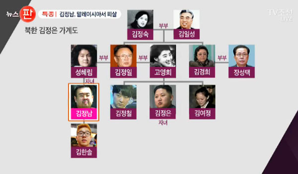 ▲ 김씨 일가의 가계도. 여기에 나와있지 않지만 김정일의 본처는 김일성이 짝 지어준 김영숙이다. ⓒTV조선 김정남 암살관련 보도화면 캡쳐