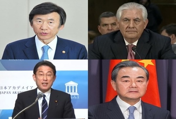 ▲ 윤병세 외교장관이 미·일·중 외교장관들과의 양자회담 및 한·미·일 3자회담을 가진다. (왼쪽 위부터 시계방향) 윤병세 외교장관, 렉스 틸러슨 美국무장관, 왕이 中외교부장, 기시다 후미오 日외무장관.ⓒ뉴데일리 DB, 美'폴리티코' 영상 캡쳐, '제팬 아카데미아' 영상 캡쳐, 中외교부 홈페이지 캡쳐