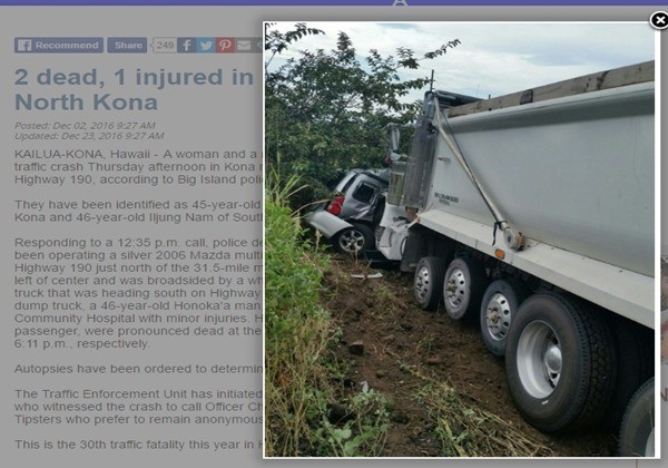 김정남 암살 사건이 발생하기 두 달 전 美하와이에서 탈북 선교사 2명이 의문의 교통사고로 목숨을 잃은 것으로 알려졌다. 사진은 당시 발생한 교통사고 관련 하와이 'KITV4' 보도 일부.ⓒ'KITV4' 홈페이지 캡쳐