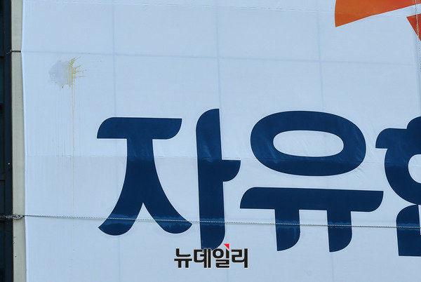 ▲ 이날 탄기국 회원들은 자유한국당 당사에 계란을 던지면서 당에 대한 불만을 토로하기도 했다. ⓒ뉴데일리 정상윤 기자