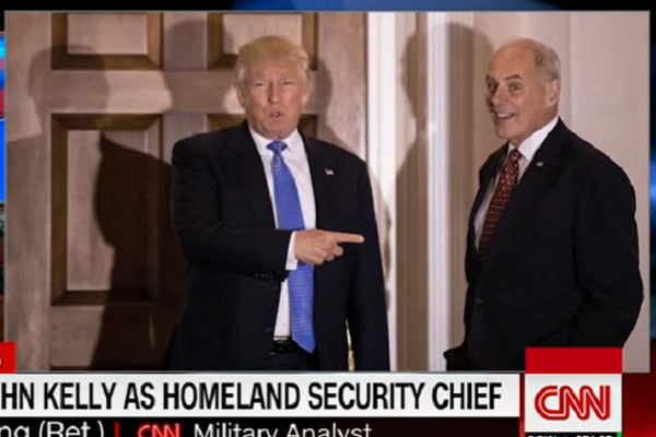도널드 트럼프 美대통령이 존 켈리 DHS장관을 내정했을 당시 모습. 존 켈리 DHS 장관은 美남부사령부 사령관 출신의 예비역 대장이다. ⓒ美CNN 당시 보도화면 캡쳐