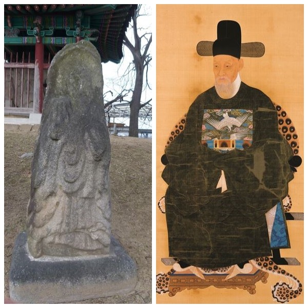 ▲ 28일 보물로 지정 예고된  ‘청주 비중리 석조삼존불좌상’(왼쪽)과 ‘최석정 초상’.ⓒ청주시