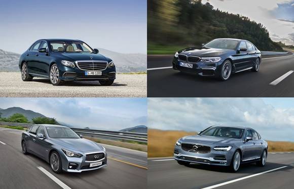 ▲ 왼쪽 상단부터 시계방향으로 벤츠 E클래스, BMW 5시리즈, 볼보 S90, 인피니티 Q50S.ⓒ각 사