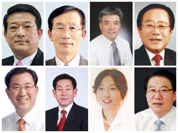 ▲ 4·12 충북 괴산군수 보궐선거 출마자들 (시계방향 정당별 무순)김춘묵, 남무현, 박세헌, 임회무, 송인헌, 박경옥, 김환동, 나용찬.ⓒ더불어민주당·자유한국당·충북선관위