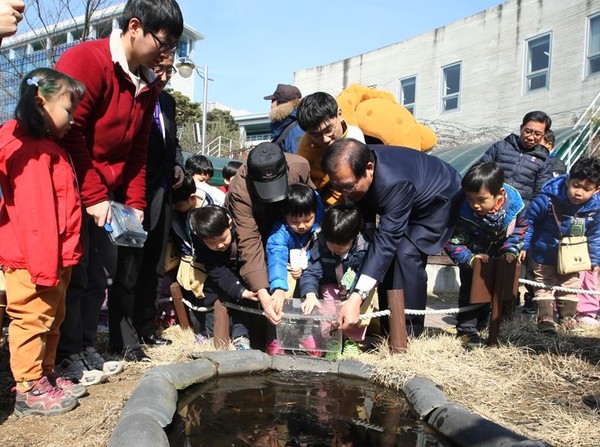 ▲ 이승훈 충북 청주시장과 두꺼비친구들이 3일 원흥이 생태공원에서 산개구리 풀어주기 체험을 하고 있다.ⓒ청주시