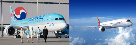 ▲ 대한항공의 B787-9(왼쪽)와 아시아나항공의 A35-900(오른쪽)의 모습.ⓒ각 사