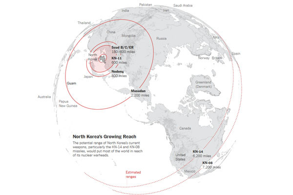 ▲ 美'뉴욕타임스'의 관련보도 가운데 北탄도미사일의 예상 사거리 범위. ⓒ美뉴욕타임스 관련보도 화면캡쳐