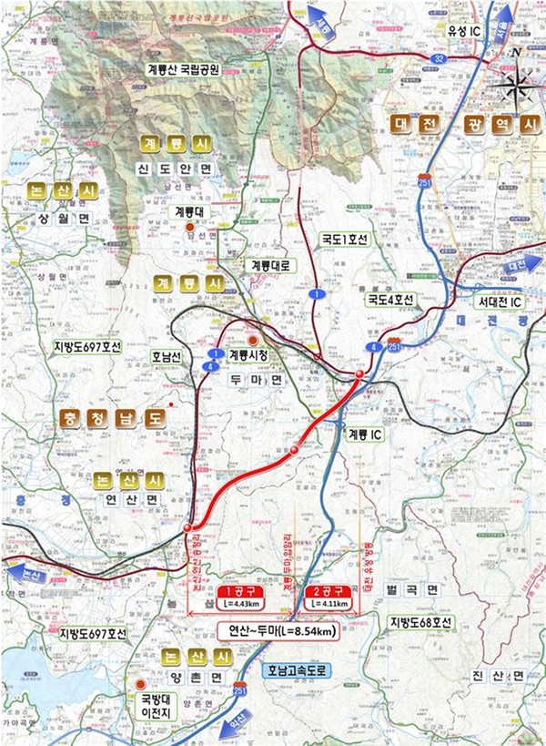 ▲ 계룡시 연산~두마 간 국도대체우회도로  위치도.ⓒ대전국토청