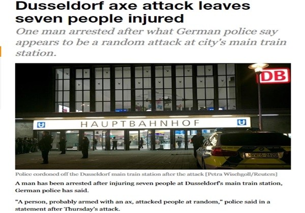▲ 독일 뒤셀도르프의 한 기차역에서 묻지마 도끼 공격 사건이 발생해 시민 7명이 다쳤다. 사진은 '알자지라' 관련 기사 일부.ⓒ'알자지라' 홈페이지 캡쳐