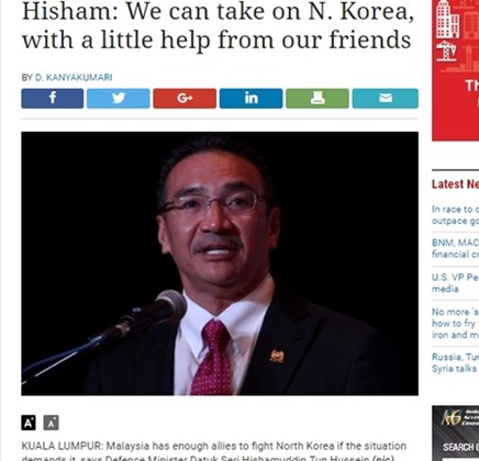 김정남 암살 사건을 기점으로 북한과 외교갈등을 겪고 있는 말레이시아가 전쟁이 발발할 경우 북한과 싸워볼만 하다는 식의 발언을 해 관심이 쏠리고 있다. 사진은 '더 스타 온라인' 관련 기사 일부.ⓒ'더 스타 온라인' 홈페이지 캡쳐
