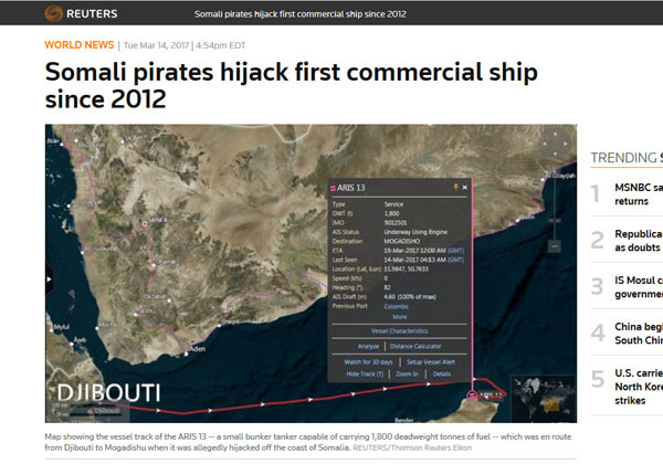 ▲ 소말리아 해적에게 납치당한 소형 유조선의 경로. ⓒ英로이터 통신 관련보도 화면캡쳐