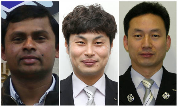 LG는 15일 화재현장에서 이웃을 구한 의인들에게 LG 의인상을 수여했다. 왼쪽부터 니말, 최길수, 김성수 씨. ⓒLG