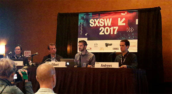 ▲ 뉴욕타임즈, 워싱턴포스트, 노르웨이 뉴스 에이전시, 오토베이티드 인사이트에서 대표로 나선 연사들이 각각 어떻게 자동기사작성 기능을 개발하고 활용하는지 설명하고 있다ⓒ뉴데일리경제