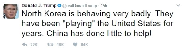 ▲ 도널드 트럼프 美대통령은 17일(현지시간) 자신의 트위터를 통해 "북한은 여러 해 동안 미국을 가지고 놀았다"며 북한을 맹비난 했다. 사진은 관련 트윗.ⓒ트럼프 트위터 캡쳐