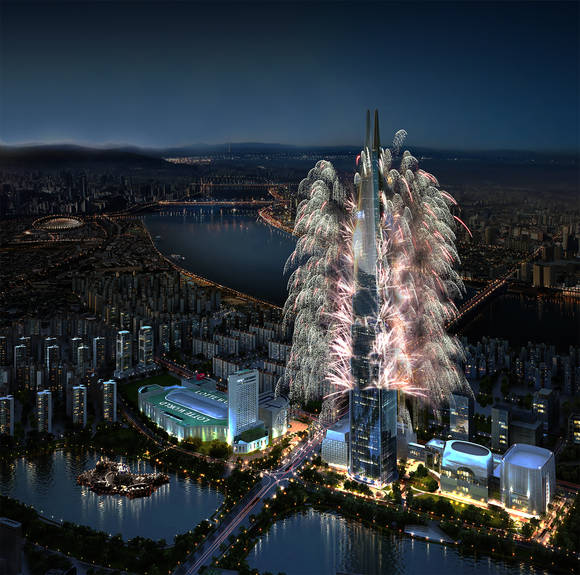 ▲ 롯데월드타워에서 불꽃을 터트리는 모습.(이미지 컷) ⓒ롯데물산