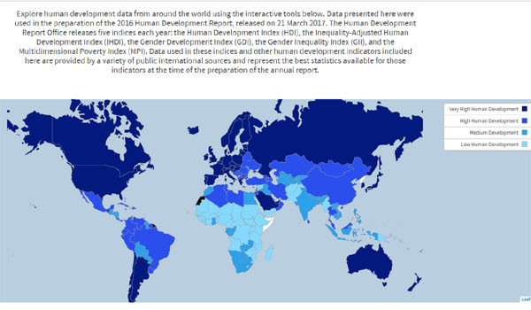 ▲ UNDP가 발표한 세계 인간개발지수(HDI) 지도. 파란색이 짙을 수록 인간개발지수가 높은, 쉽게 말해 선진국이다. ⓒUNDP HDI 홈페이지 캡쳐