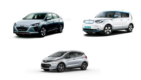 ▲ 왼쪽 상단부터 시계방향으로 현대차 아이오닉 일렉트릭, 기아차 쏘울EV, 한국지엠 볼트EV.ⓒ각 사