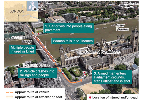 테러범 '칼리드 마수드'가 사람들을 공격했던 장소들. 주로 웨스트민스터 대교 위였다고 한다. ⓒ英BBC 관련보도 화면캡쳐