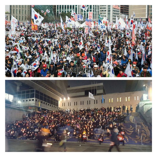 ▲ 25일 오후 서울 덕수궁 대한문 앞과 광화문광장에서 각각 개최된 태극기집회(위)와 촛불집회(아래). ⓒ 뉴데일리DB
