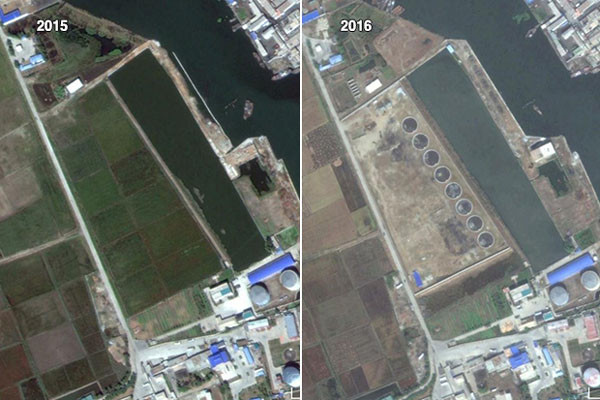 북한이 과거 논밭이었던 지역에 건설 중인 8개의 원형 시설. 석유저장시설로 추정된다. ⓒ美RFA 관련보도 화면캡쳐-美존스 홉킨스大 한미연구소