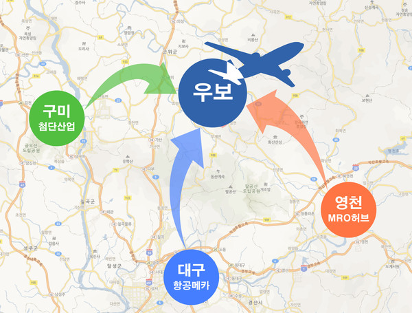 ▲ 대구 통합공항 예비이전후보지로 선정된 군위 우보의 지리적 접근성 장점.ⓒ군위군