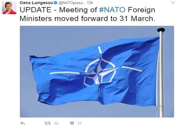오아나 룬게스쿠 NATO 대변인은 27일(현지시간) 트위터를 통해 NATO 외무장관회의 일정이 3월 31일로 변경됐다는 소식을 전했다.ⓒ오아나 룬게스쿠 트위터 캡쳐
