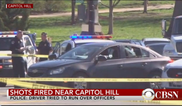 ▲ 지난 23일 오전 9시 30분(현지시간) 美워싱턴 D.C.의 국회의사당 건물로 승용차 한 대가 돌진해 경찰이 발포하는 사건이 일어났다. 다행히 부상자는 발생하지 않았다고 한다. ⓒ美CBS 관련속보 화면캡쳐