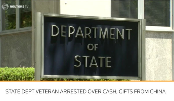 ▲ 美연방수사국(FBI)은 지난 30일(현지시간) 中공산당 국가안전부(MSS) 공작원에 포섭돼 기밀을 넘겨주고 선물과 돈을 받은 美국무부 외교관을 검거했다고 밝혔다. ⓒ英로이터 TV 관련보도 화면캡쳐